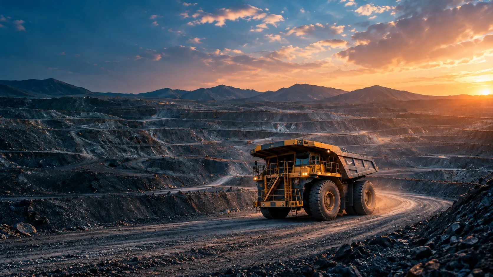 Haul truck on a mine haul road at sunset